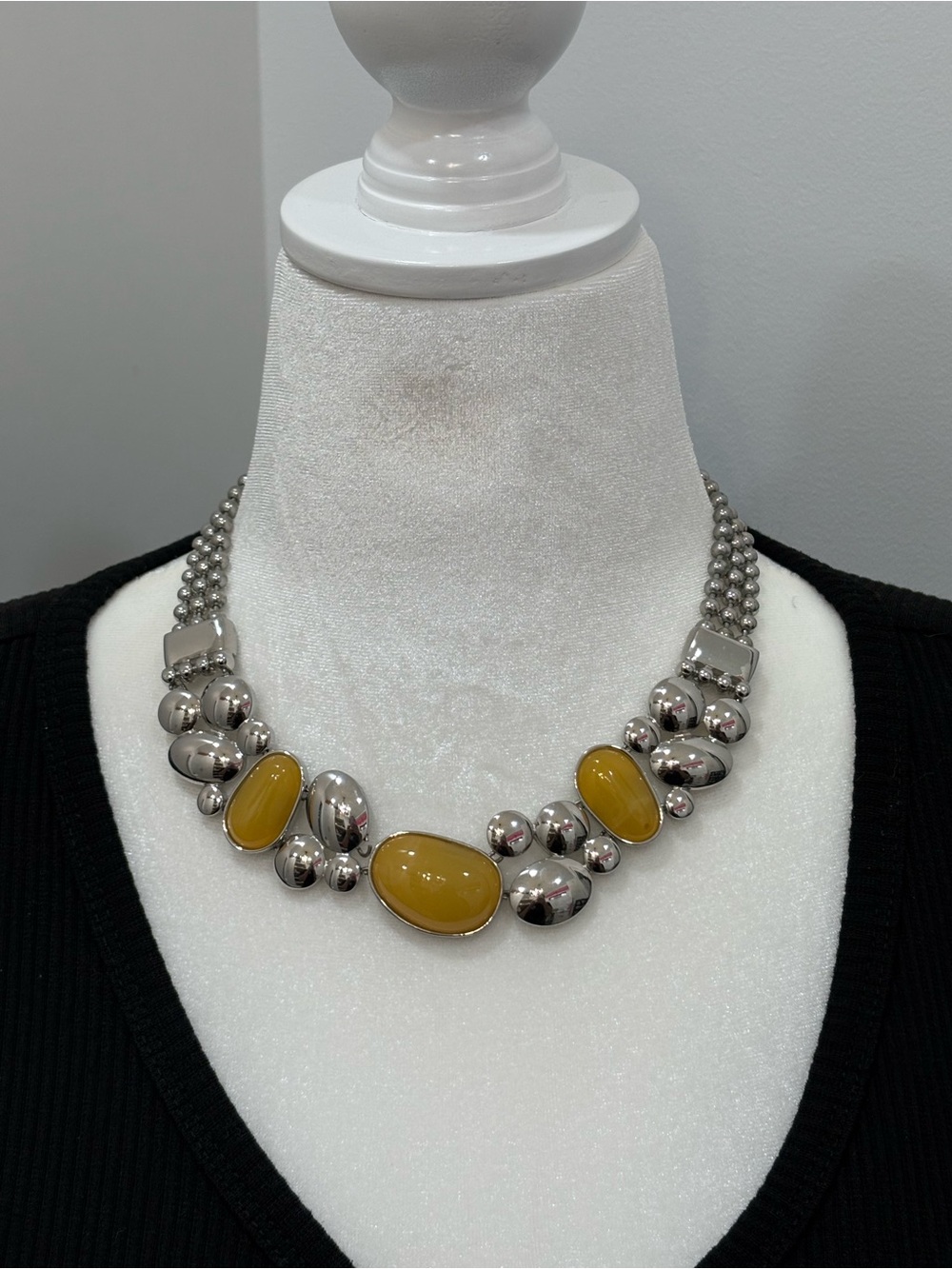 Statement Silver Necklace with Mustard Yellow Cabochons